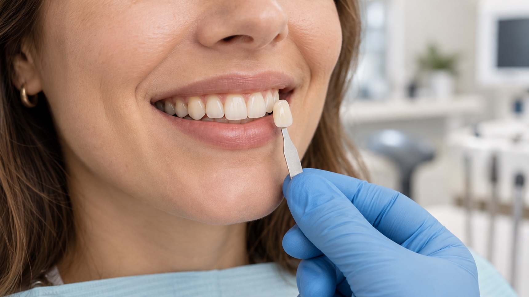 Comparación del tono dental con una guía de color antes de elegir carillas o blanqueamiento